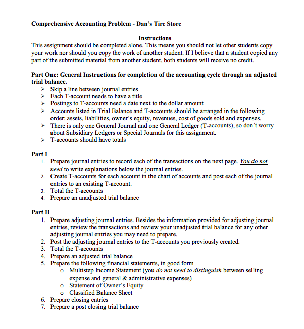 Could really use some help on this Comprehensive Accounting Problem Dan's Tire