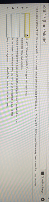  which letters match which option? E26-17 (book/static) Question Help Fill in