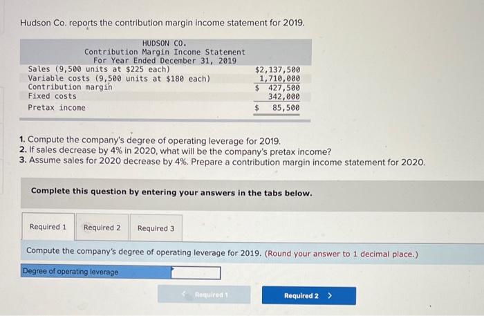  Hudson Co. reports the contribution margin income statement for 2019. HUDSON