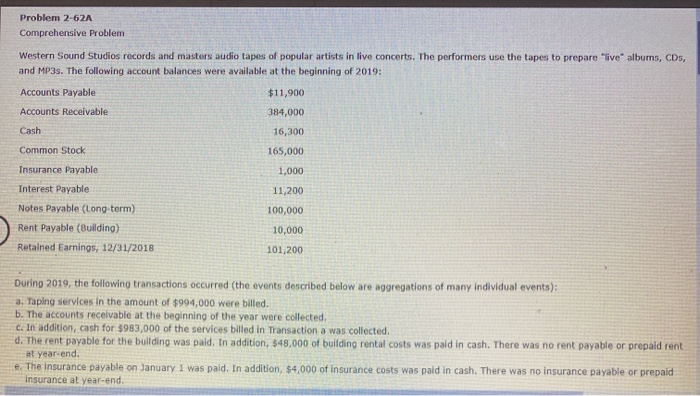  Problem 2-62A Comprehensive Problem Western Sound Studios records and masters audio