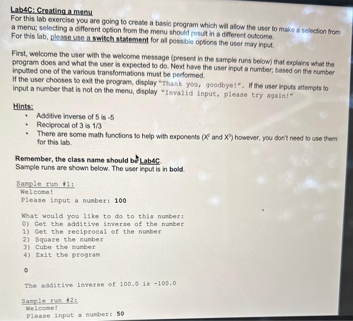 C# please with screan shot Lab4C: Creating a menu For this lab