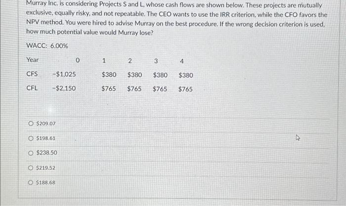 Murray Inc. is considering Projects S and L, whose cash flows