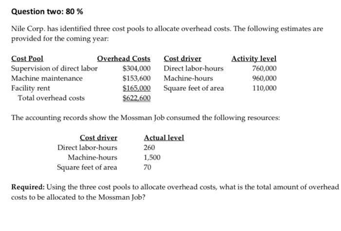  Question two: 80% Nile Corp. has identified three cost pools to