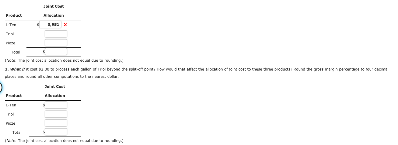 manufactures three products, L-Ten, Triol, and Pioze, from a joint process. Each