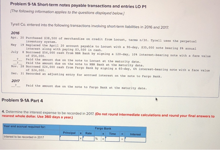  Problem 9-1A Short-term notes payable transactions and entries LO P1 [The