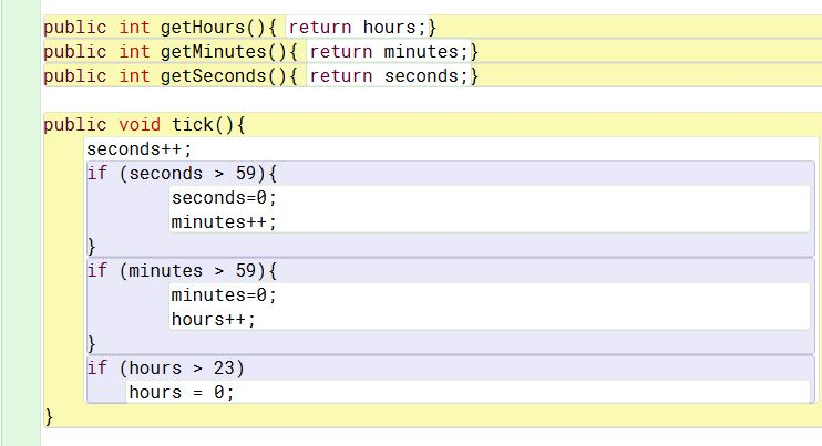 Clock(int h, int m, int s){ validate(h,m,s); } public void setHours(int h){