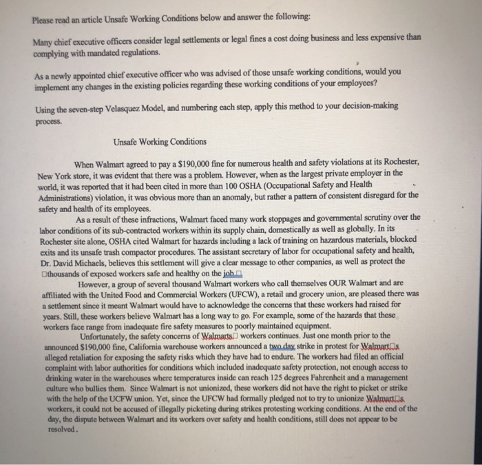  Please read an article Unsafe Working Conditions below and answer the