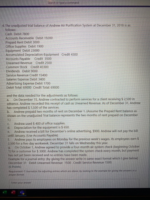  Search or type a command 4. The unadjusted trial balance of