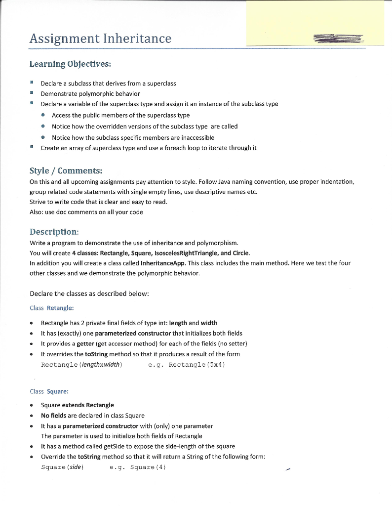 What is the code for the in Java? Assignment Inheritance Learning Objectives