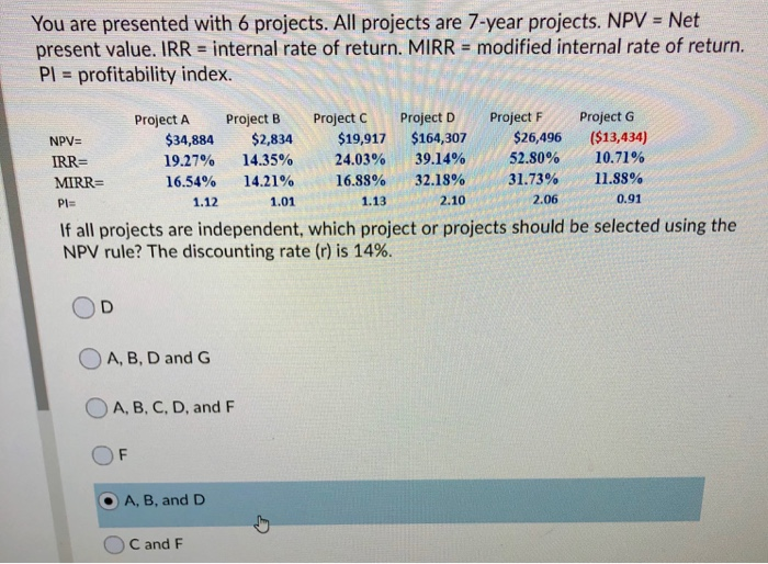 You are presented with 6 projects. All projects are 7-year projects.