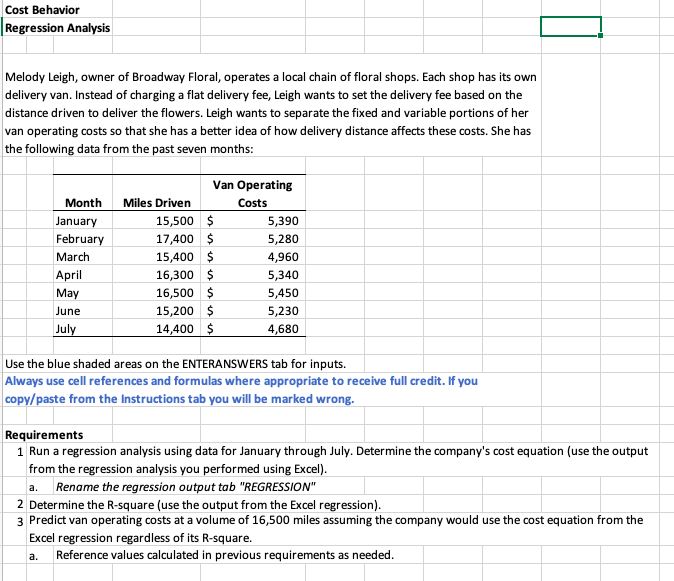 PLEASE INCLUDE APPROPRIATE EXCEL FORMULAS. Entering numbers does not help Cost Behavior