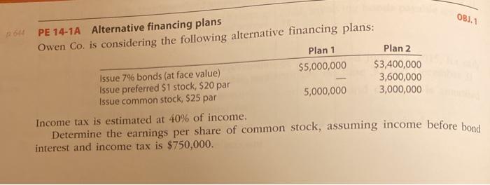  OBJ. Plan 2 64 PE 14-1A Alternative financing plans Owen Co.