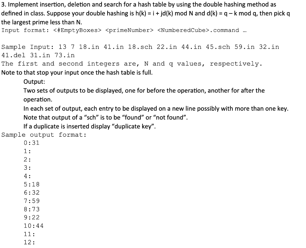 insertion, deletion and search for a hash table by using the double
