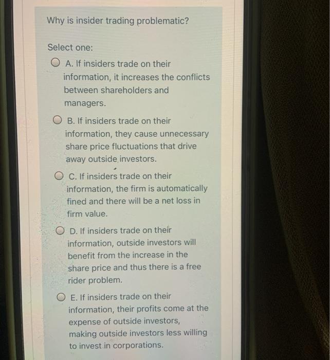  Why is insider trading problematic? Select one: O A. If insiders
