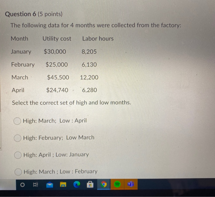  Question 6 (5 points) The following data for 4 months were