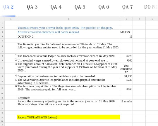  answers in excel QA2 QA 3 QA 4 QA 5 QA