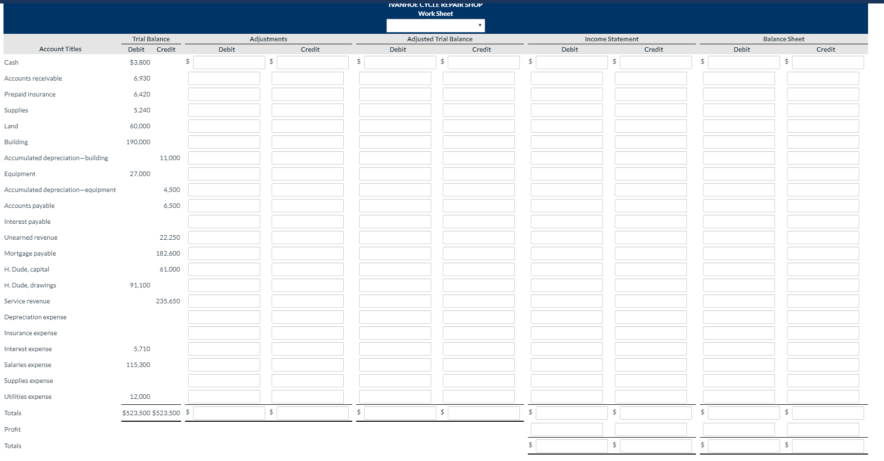 balance and adjustment data for Ivanhoe Cycle Repair Shop are provided. IVANHOE