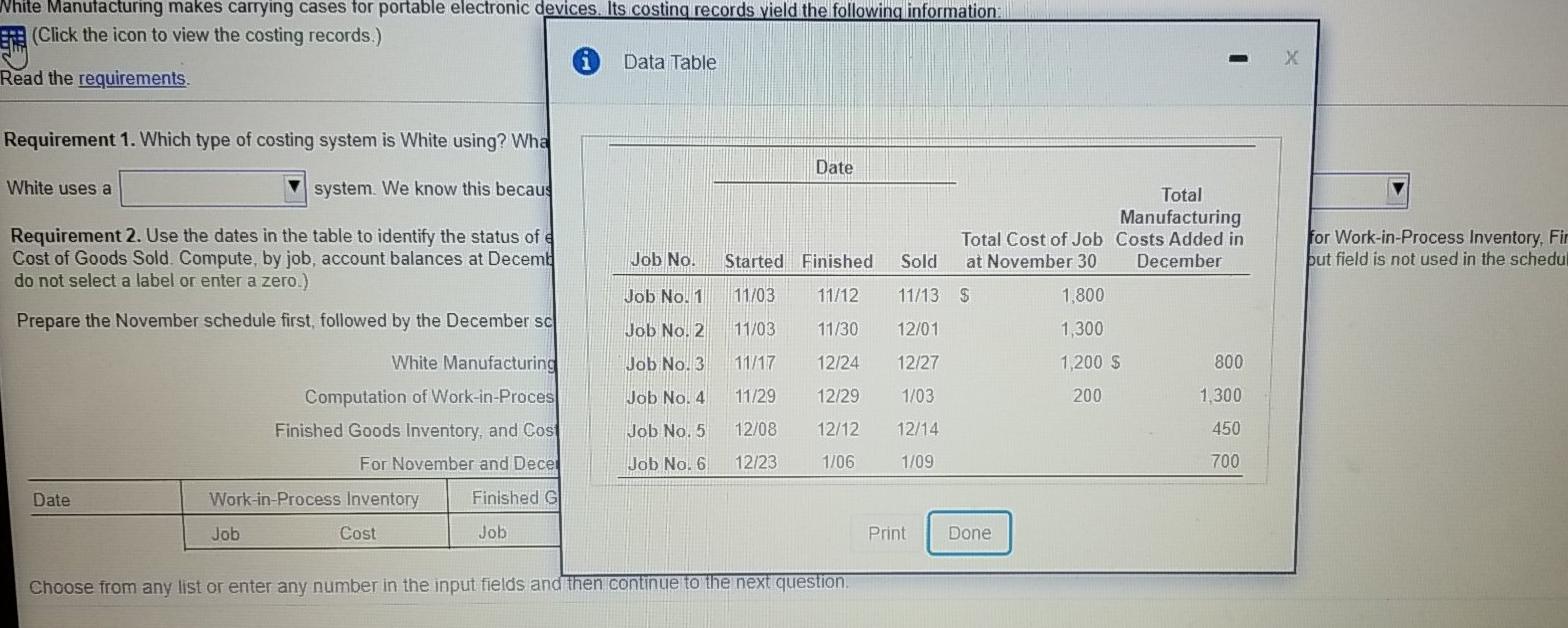 dates in the table to identify the status of each job at