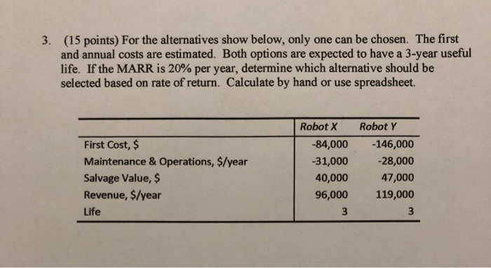  3. (15 points) For the alternatives show below, only one can