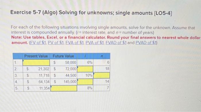  Exercise 5-7 (Algo) Solving for unknowns; single amounts [LO5-4] For each