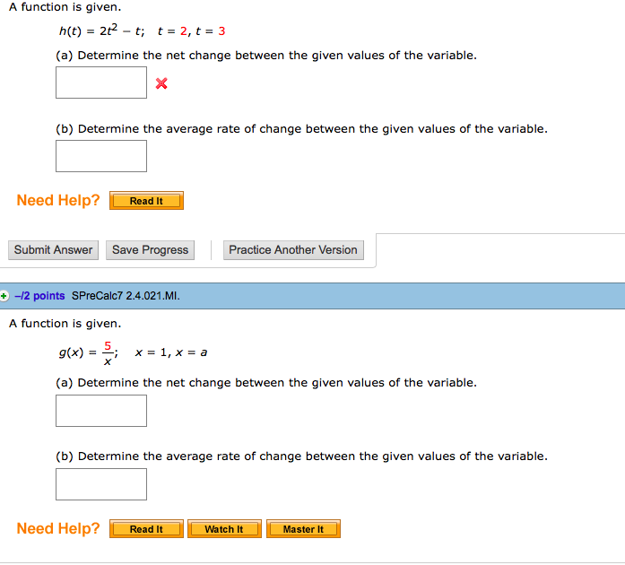  A function is given. h(t) = 2t^2 - t: t =