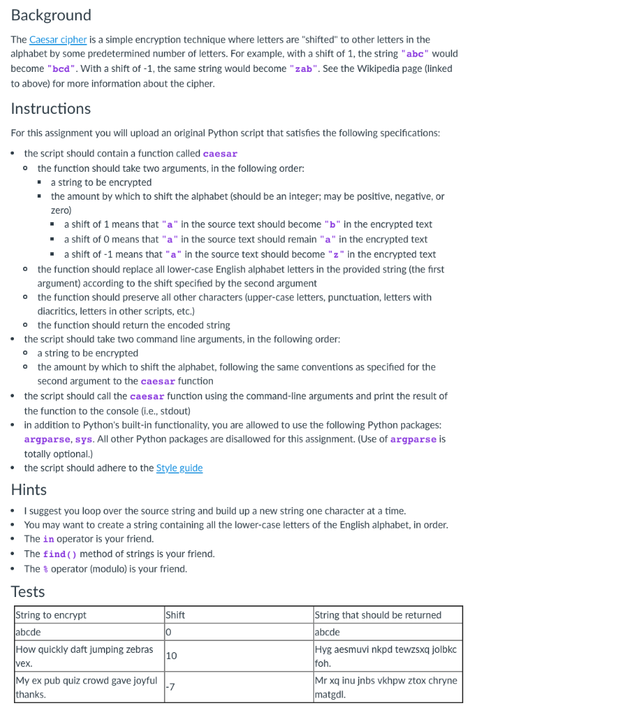 %%%%%% PYthon %%%% Need DOC STRING %%%%%%%% Background The Caesar cipher is