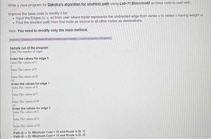  Write a Java program for Dijkstra's algorithm for shortest path using