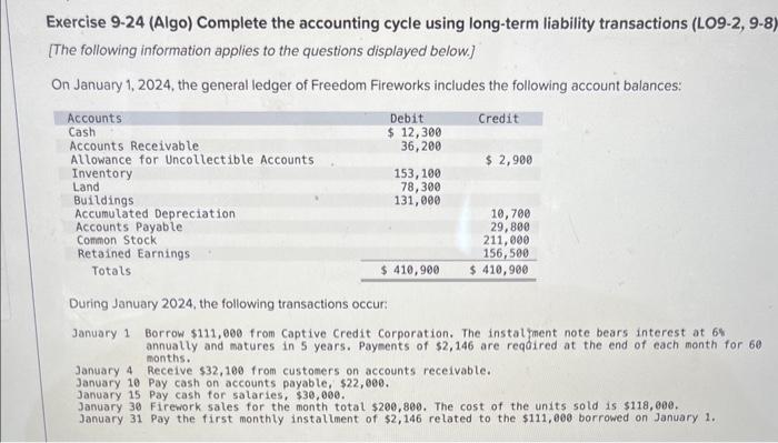  Exercise 9-24 (Algo) Complete the accounting cycle using long-term liability transactions