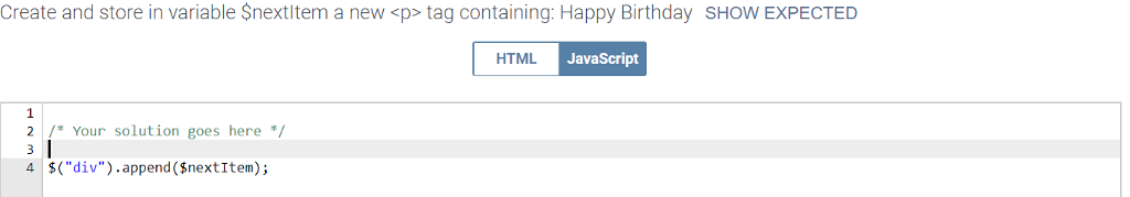 Create and store in variable Snextltem a new tag containing: Happy