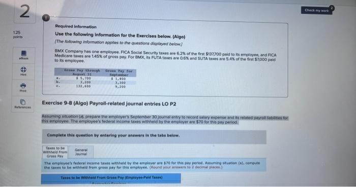  2 Check my work 125 points Required information Use the following