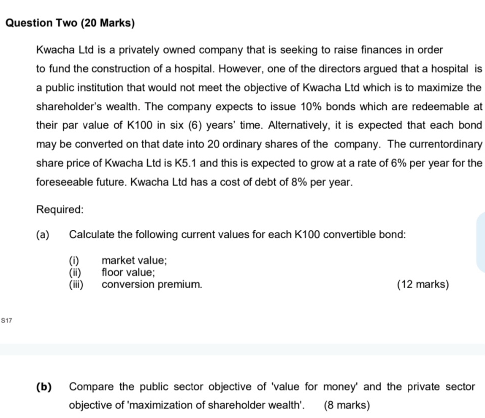  Question Two (20 Marks) Kwacha Ltd is a privately owned company