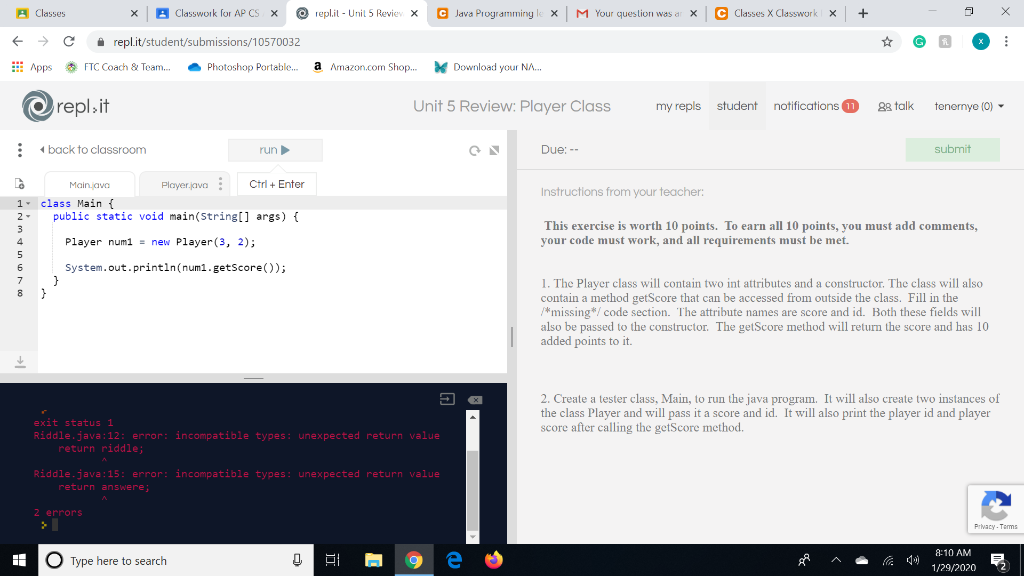  Classes * Classwork for AP CS X replil - Unit 5
