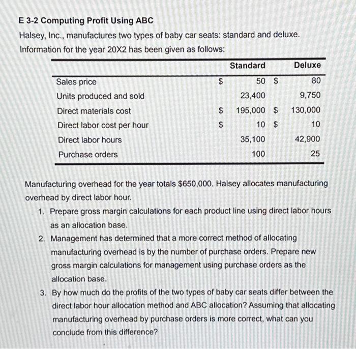  E 3-2 Computing Profit Using ABC Halsey, Inc., manufactures two types