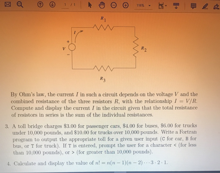 please write Fortran program for this By Ohm's law, the current I