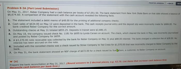  BACK NEK PENTER VERSION Problem 8-3A (Part Level Submission) On May