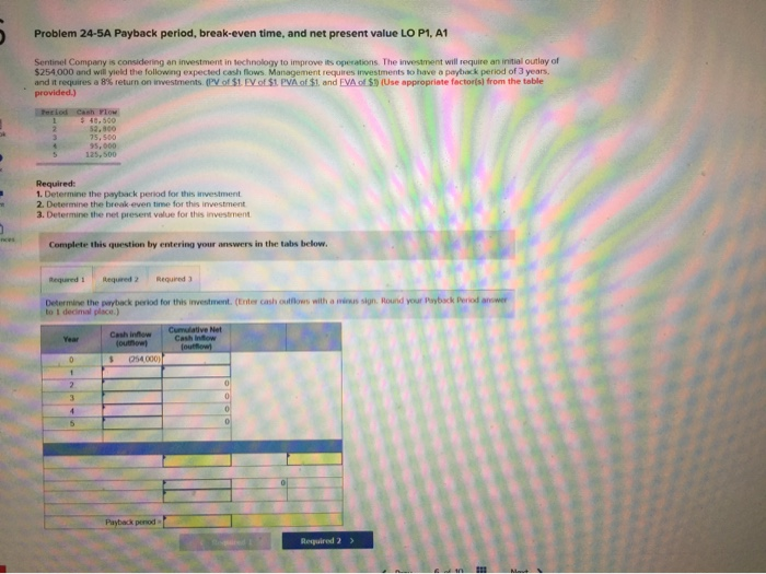  Problem 24-5A Payback period, break-even time, and net present value LO