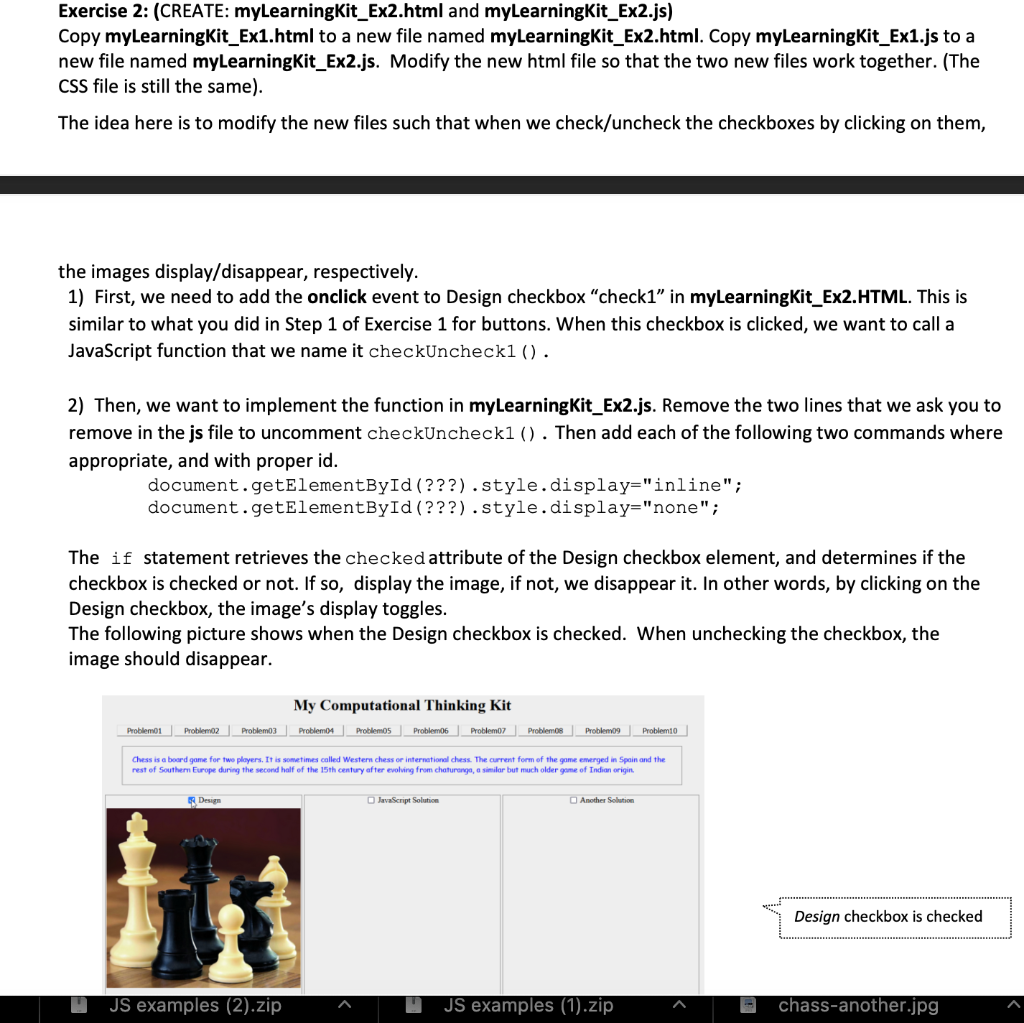 plz Read pdf for structure. Exercise 2: (CREATE: myLearningKit_Ex2.html and myLearningKit_Ex2.js) Copy