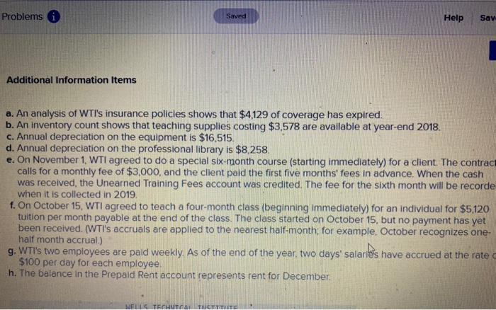  Problems i Saved Help Sav Additional Information Items a. An analysis