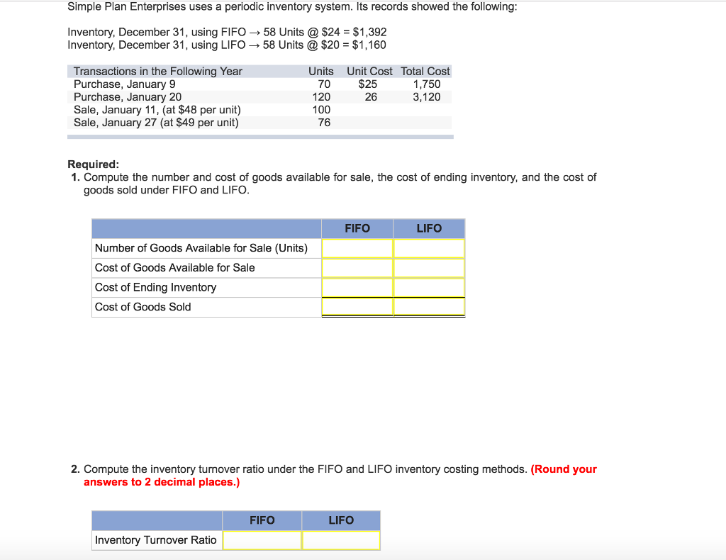 Simple Plan Enterprises uses a periodic inventory system. Its records showed