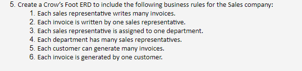  5. Create a Crow's Foot ERD to include the following business