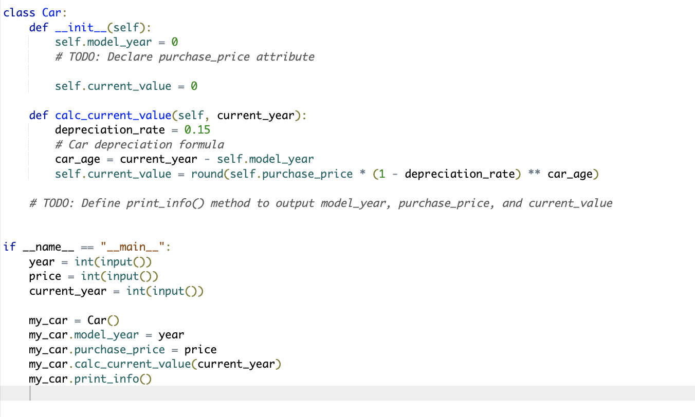 and the method print_info() that outputs the car's information. Ex: If the