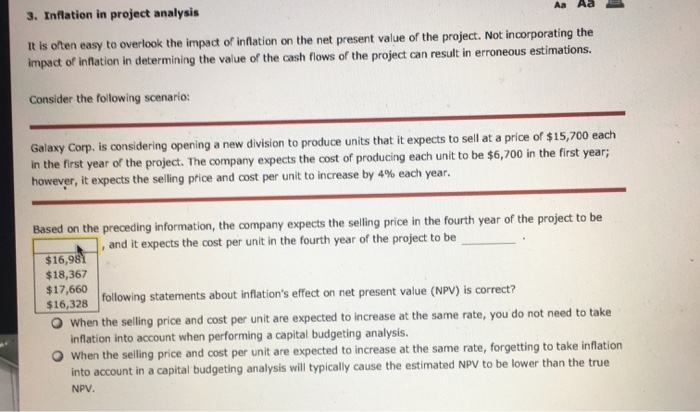 show work and reasoning please 3. Inflation in project analysis Aa Aa
