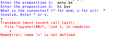 language: python The program exits when I enter a connecter 'v' or