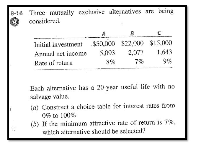  8-16 Three mutually exclusive alternatives are being considered. 8 Initial investment