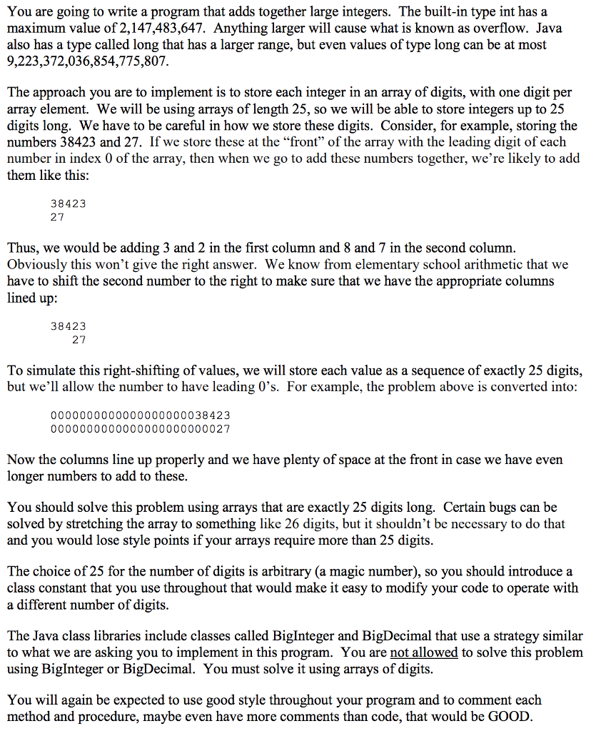 enforced: 1. Submit SumBigInts.java with a main method plus at least three