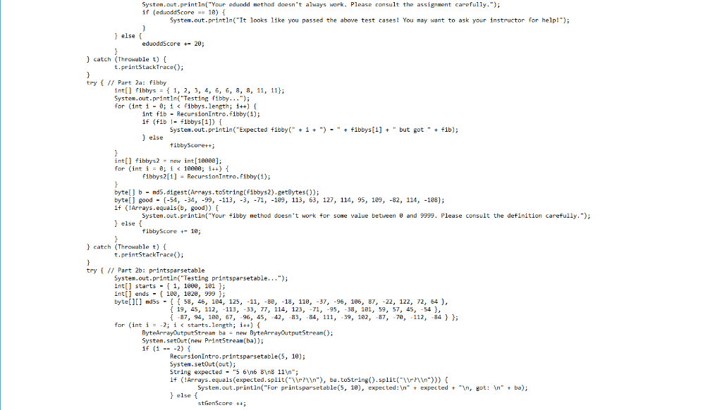{ System.out.println("For printsparsetable(13, 20), expected: " + expected + " , got: