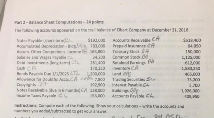 please help Part 2-Balance Sheet Computations-24 points The following accounts appeared