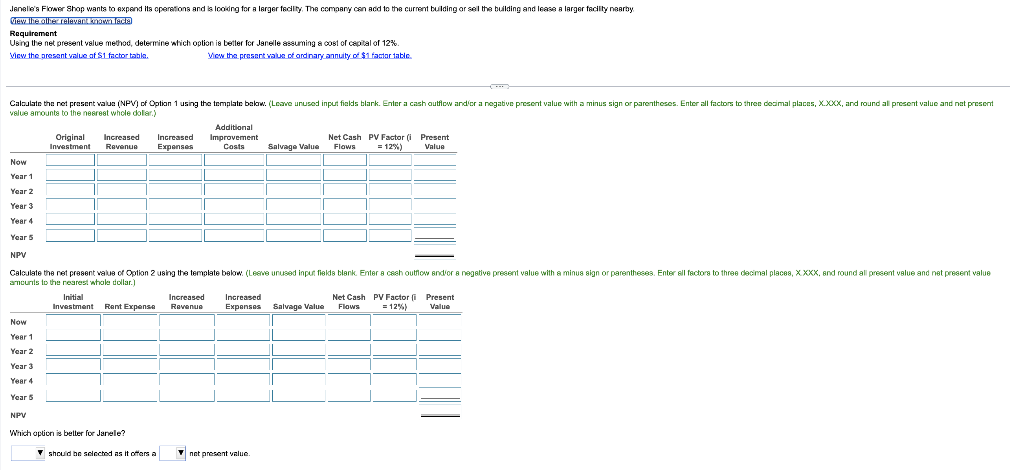  Requirement Using the net present value method, determine which option is