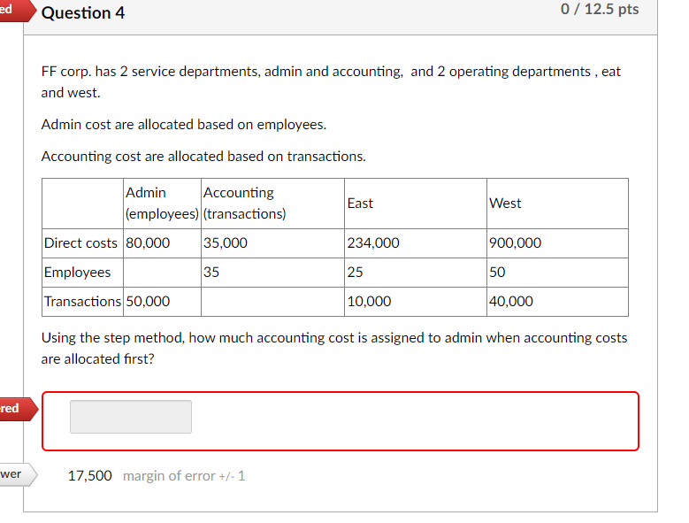 departments, admin and accounting, and 2 operating departments, eat and west. Admin