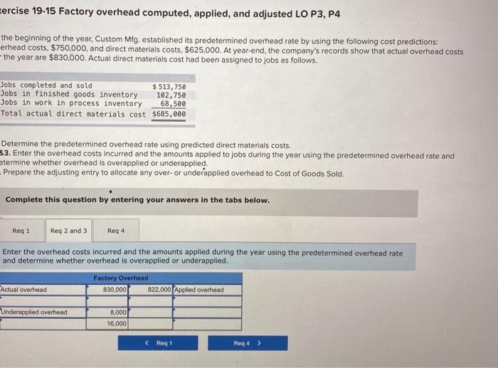  sercise 19-15 Factory overhead computed, applied, and adjusted LO P3, P4